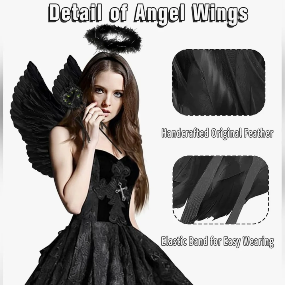 NIB Sealed 3 Piece Womens Black Angel Wings - Picture 2 of 4